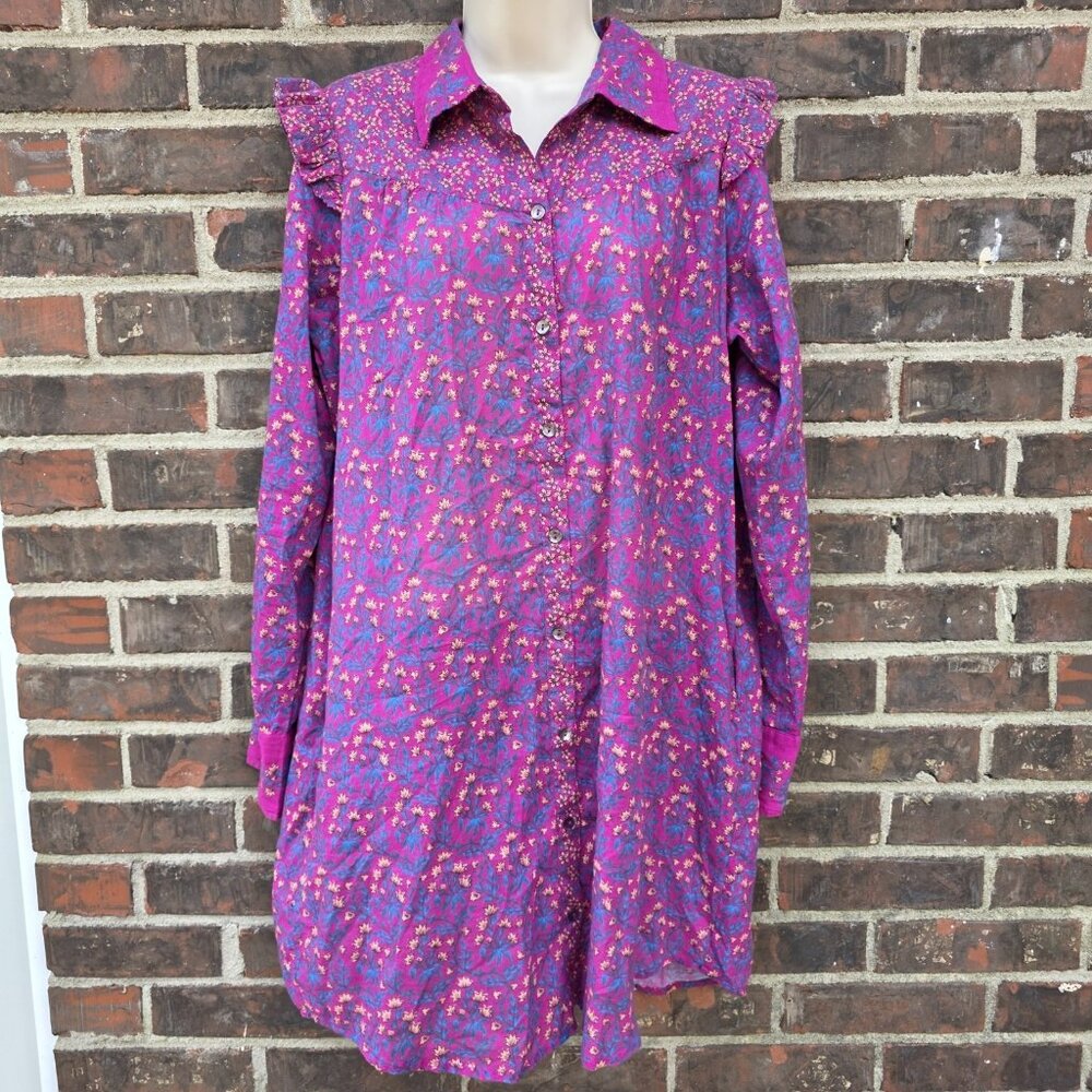 Roller Rabbit Size M Magenta Pink Blue Ruffled Sleeve Shirt Dress Augusta Darya